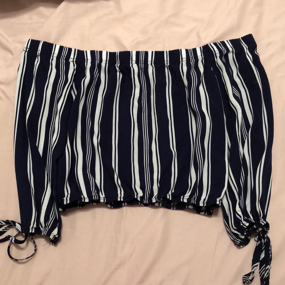 Blue and white striped off the shoulder top